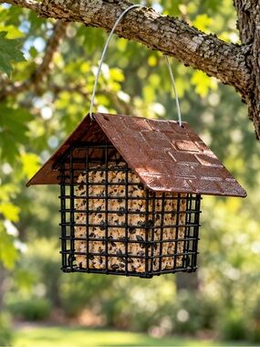 Durable Brown Roof Suet Bird Feeder with Black Cage